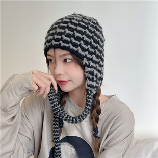 黑白系带可爱保暖帽包头帽子女秋冬条纹护耳针织帽百搭手工毛线帽