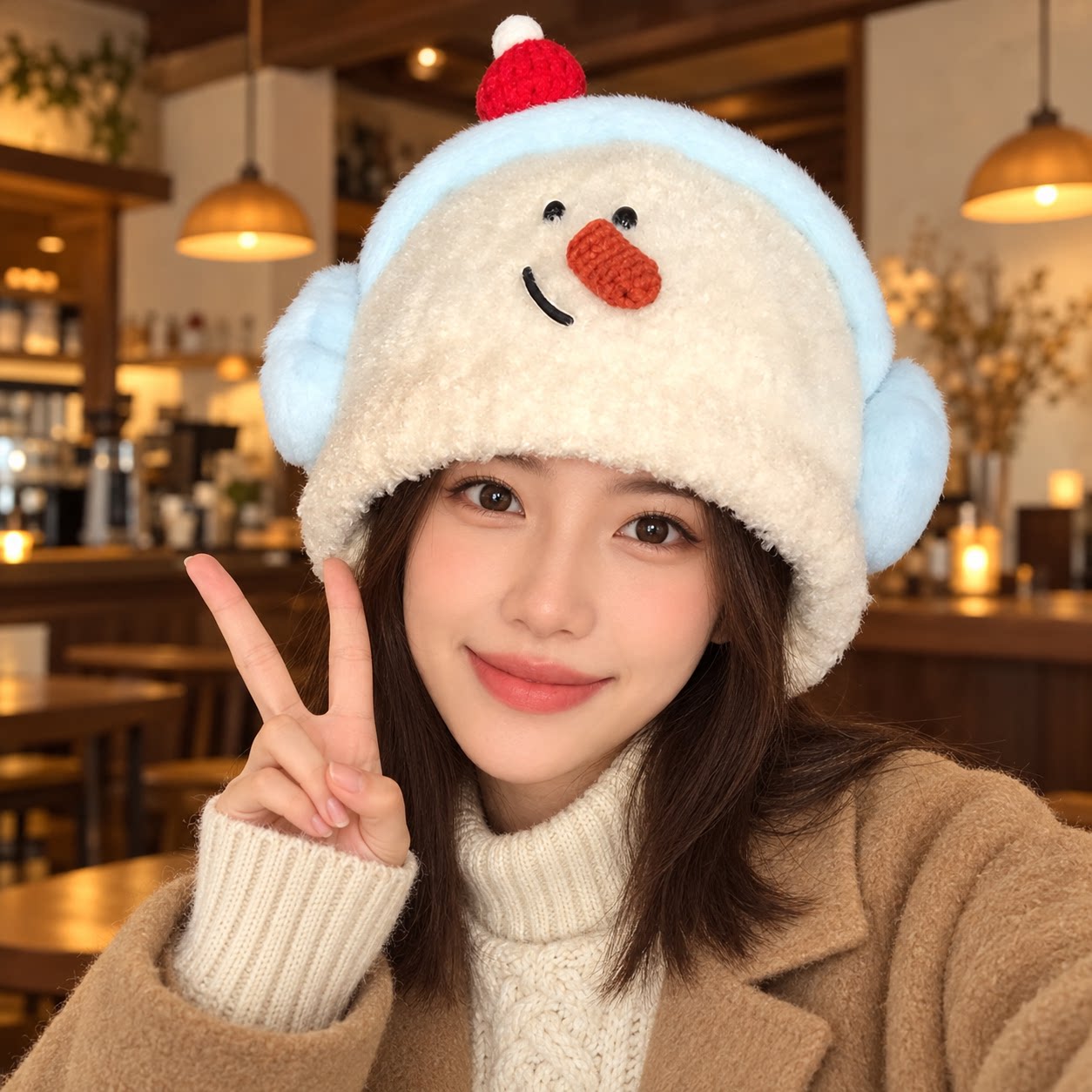 耳机雪人毛绒雷锋帽女冬季可爱显脸小保暖防寒针织帽套头护耳帽子