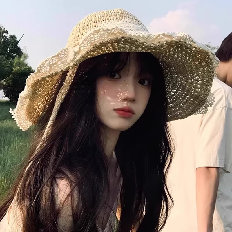 蕾丝系带草帽透气帽子防晒遮阳帽