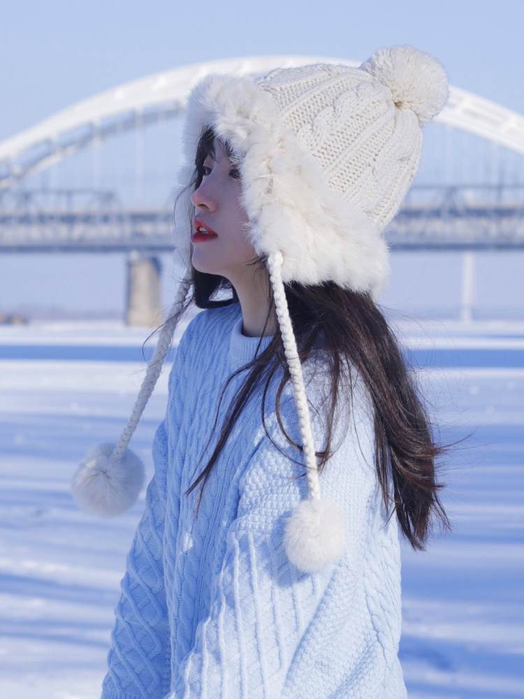 逛街毛线帽女兔毛绒可爱秋冬季