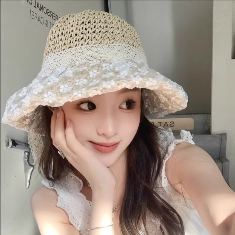 草帽蕾丝帽子防晒帽大檐遮阳帽