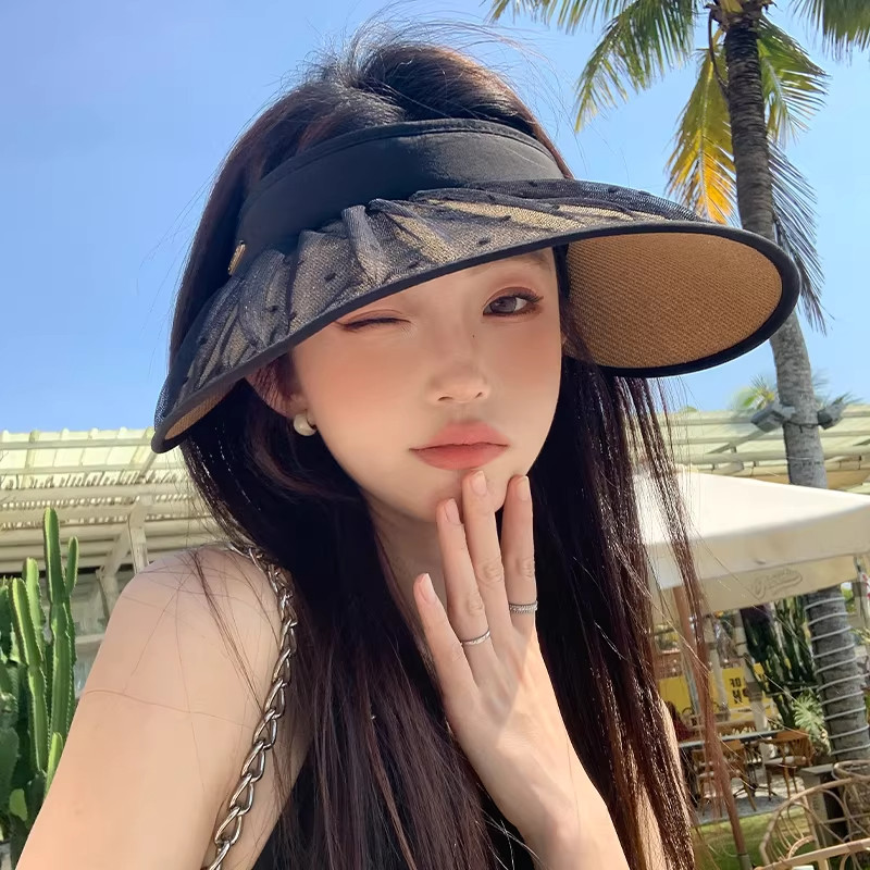 蕾丝波点空顶帽防晒遮阳帽檐草帽