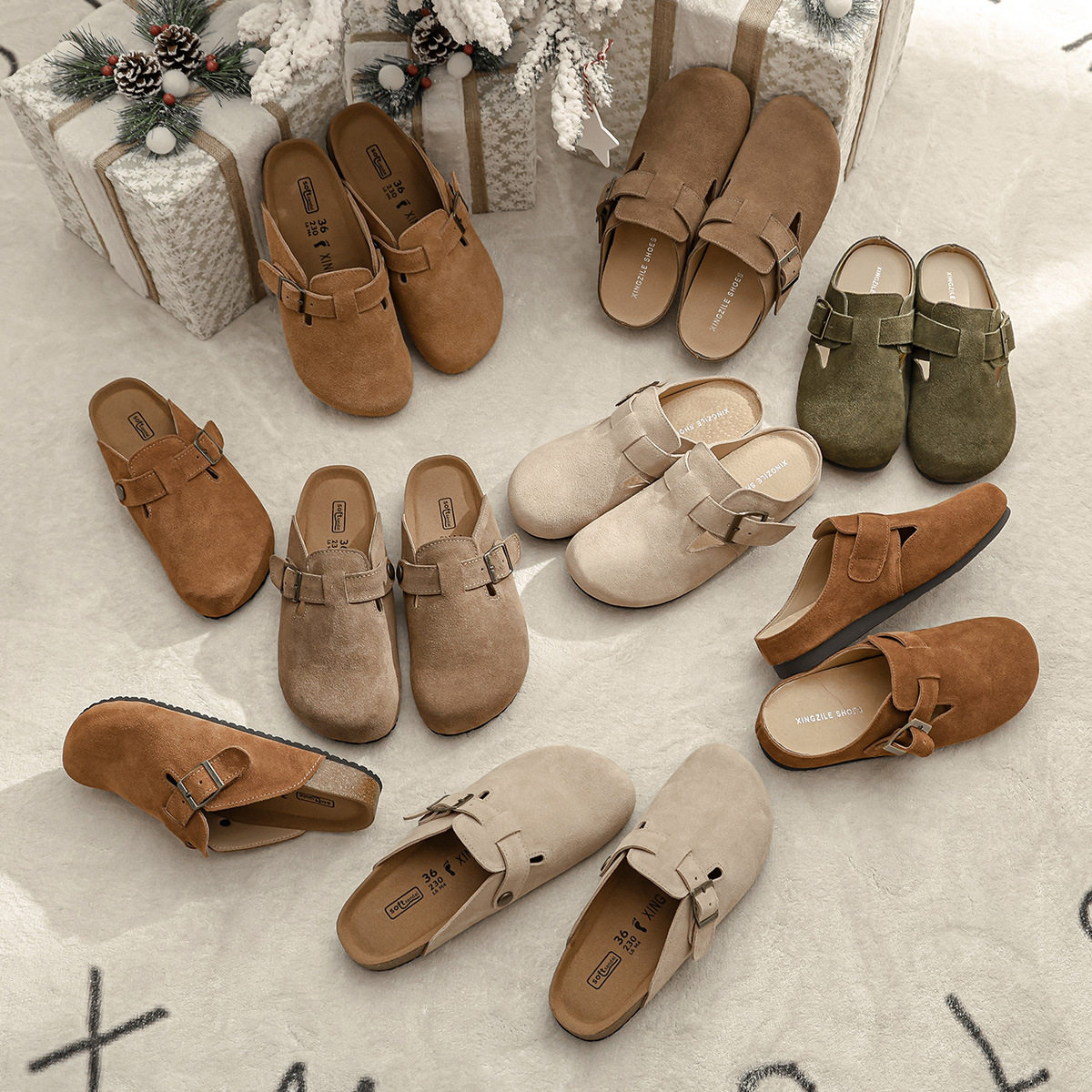 cork slippers slides sandals clog shoes真皮牛皮勃肯女鞋软木