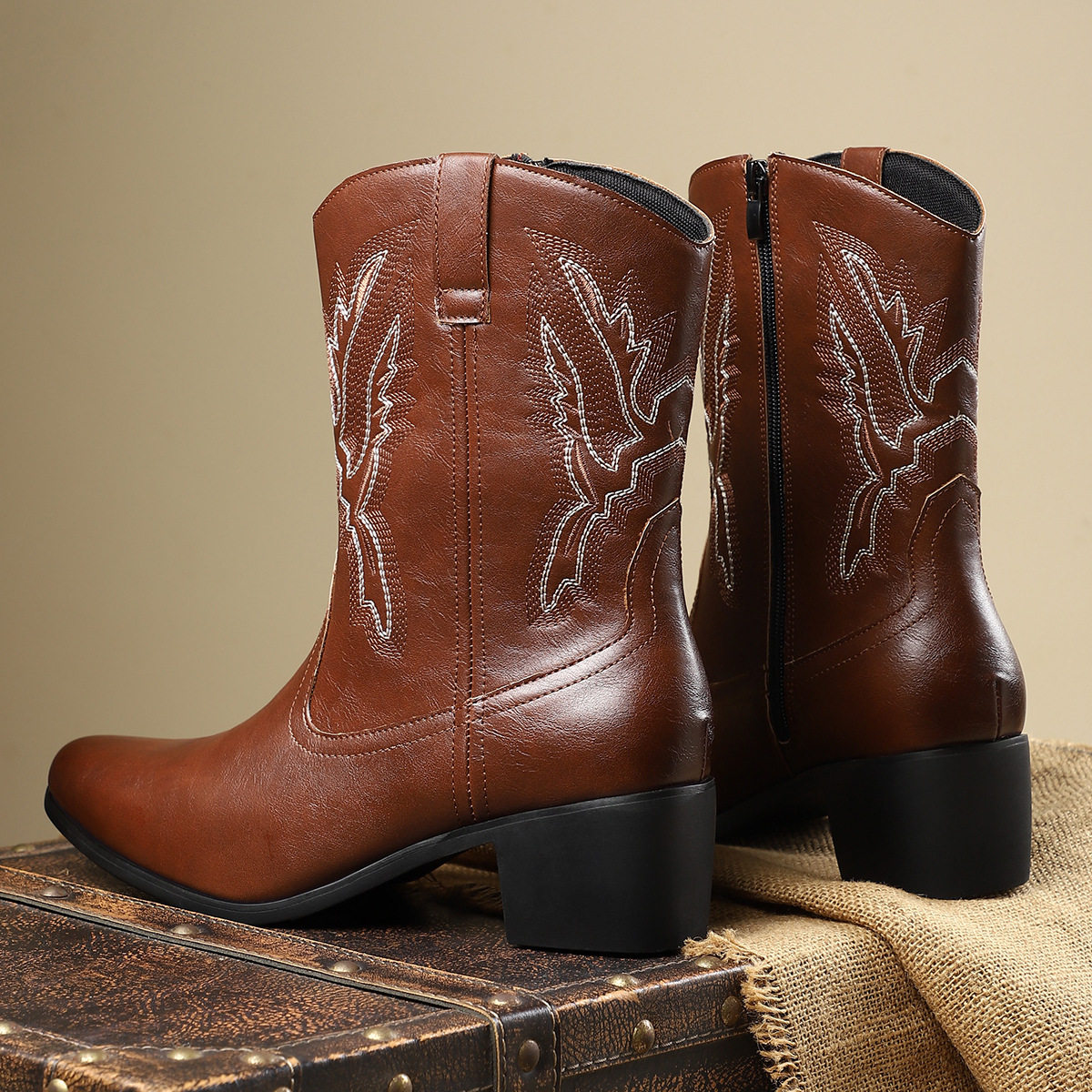 men shoes boots新款西部牛仔靴潮流时尚男鞋复古休闲拉链马丁