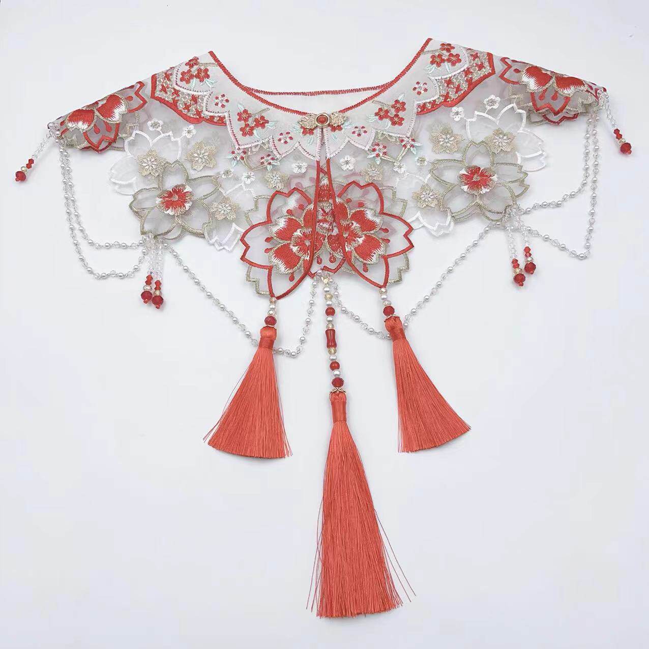 云肩新中式汉服写真服2024新款红色樱花珠链影楼拍照披肩仙气款女