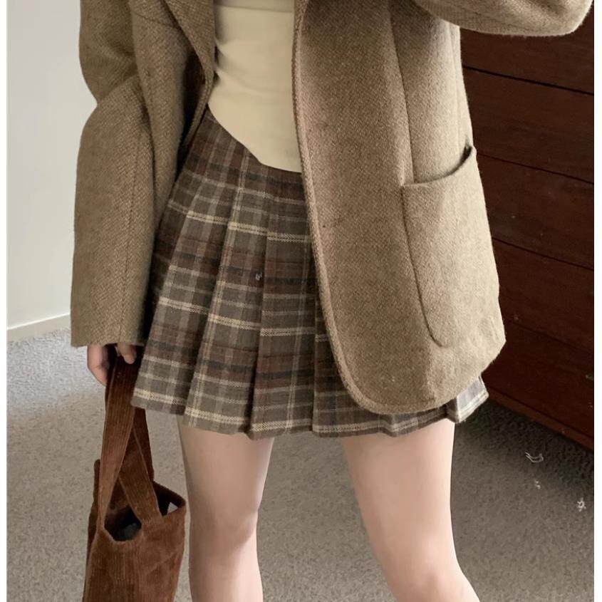 复古咖色格子半身裙秋冬大码毛呢百褶裙遮肚子防走光包臀a字短裙