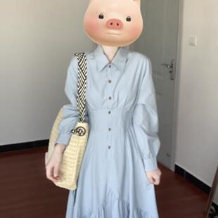 蓝色开春漂亮学院风长袖连衣裙女2025新款高级感收腰显瘦衬衫裙子