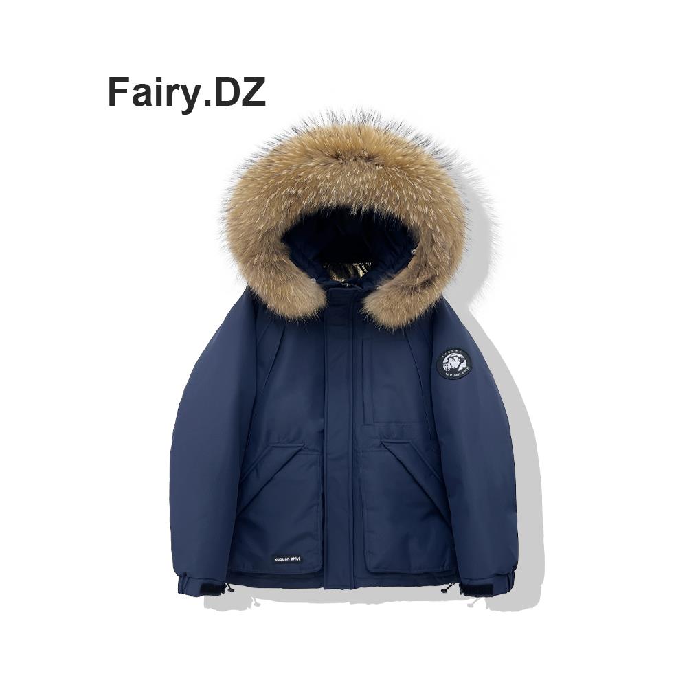 藏蓝色羽绒服女工装派克服短款小个子大毛领冬季连帽2024情侣新款