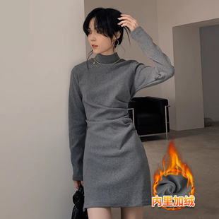 冬天短 打底修身 灰色大衣内搭连衣裙秋冬款 针织包臀裙子女加绒冬季