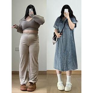 2-300斤大码女装衬衫连衣裙女春季微胖长裙胖mm遮肚显瘦牛仔裙子