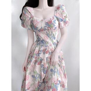 法式油画碎花连衣裙女夏2025新款高级感小个子海边度假雪纺长裙