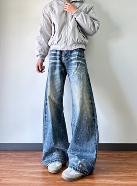 美式水洗泼墨蓝色弯刀微喇牛仔裤男cleanfit高街宽松喇叭裤子冬季