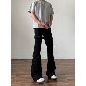 牛仔裤 子秋季 男cleanfit美式 喇叭裤 高街修身 黑色vibe绑带微喇工装