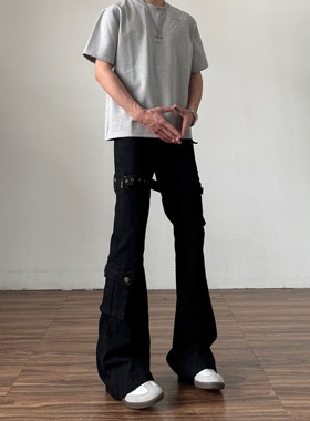 黑色vibe绑带微喇工装牛仔裤男cleanfit美式高街修身喇叭裤子秋季