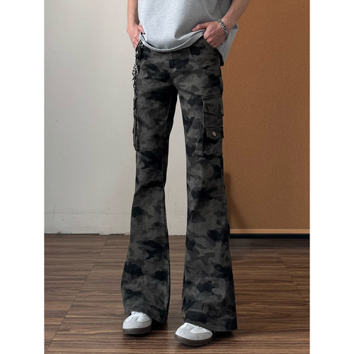 qtstudio多口袋微喇迷彩工装裤男美式直筒修身喇叭牛仔裤子长裤