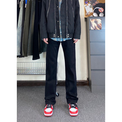 冬季黑色加绒加厚牛仔裤男2024新款秋冬美式高街直筒微喇休闲裤子