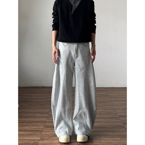 QTstudio灰色拼接弯刀卫裤男宽松阔腿长裤美式垂感休闲微喇裤子女