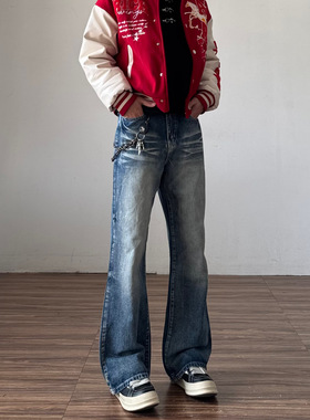 美式复古2021M蓝色微喇牛仔裤男高街宽松直筒水波纹猫须水洗裤子