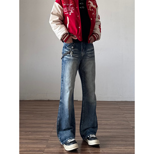 美式复古2021M蓝色微喇牛仔裤男高街宽松直筒水波纹猫须水洗裤子