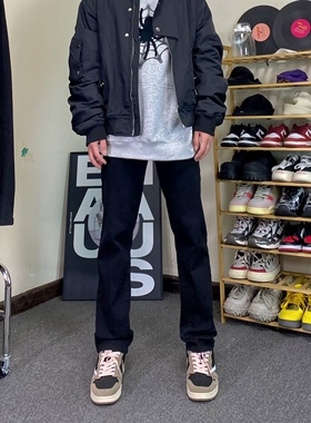 qtstudio美式复古黑色牛仔裤男高街长裤修身显瘦直筒加绒裤子男款