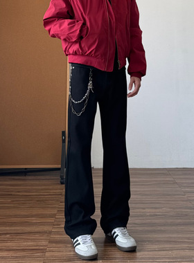 美式黑色加绒加厚牛仔裤男高街vibe直筒微喇长裤修身显瘦裤子秋冬