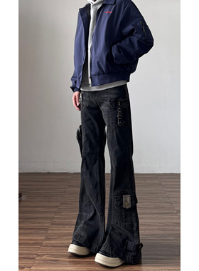 美式水洗弹力直筒微喇牛仔工装裤男vibe长裤高街修身喇叭裤子秋季