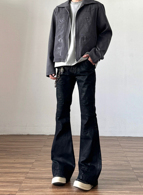 qtstudio小众刷蜡微喇牛仔裤男潮美式高街黑色vibe直筒喇叭裤子