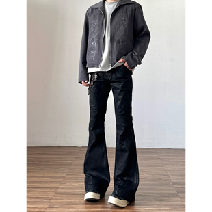 子 高街黑色vibe直筒喇叭裤 qtstudio小众刷蜡微喇牛仔裤 男潮美式