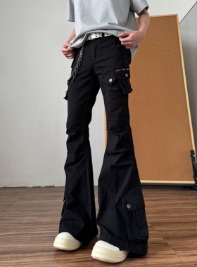 qt studio黑色微喇工装裤男女潮牌美式高街vibe喇叭休闲牛仔裤子