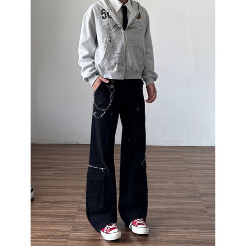 qtstudio黑色vibe多口袋工装裤男宽松直筒长裤美式休闲褶皱裤子女