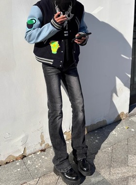 美式517复古水洗黑灰色微喇牛仔裤男cleanfit直筒修身显瘦裤子秋