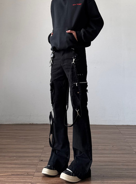 vibe绑带工装牛仔裤男美式高街长裤黑色显瘦直筒修身微喇裤子冬季
