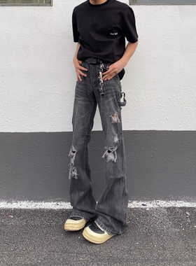fkcc ro风格黑灰破洞牛仔裤男美式高街宽松微喇休闲裤子长裤夏季