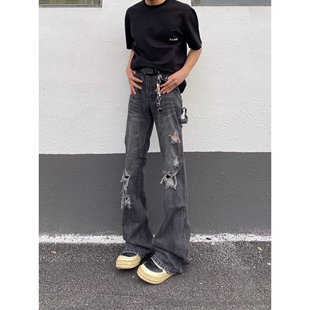 fkcc ro风格黑灰破洞牛仔裤男美式高街宽松微喇休闲裤子长裤夏季