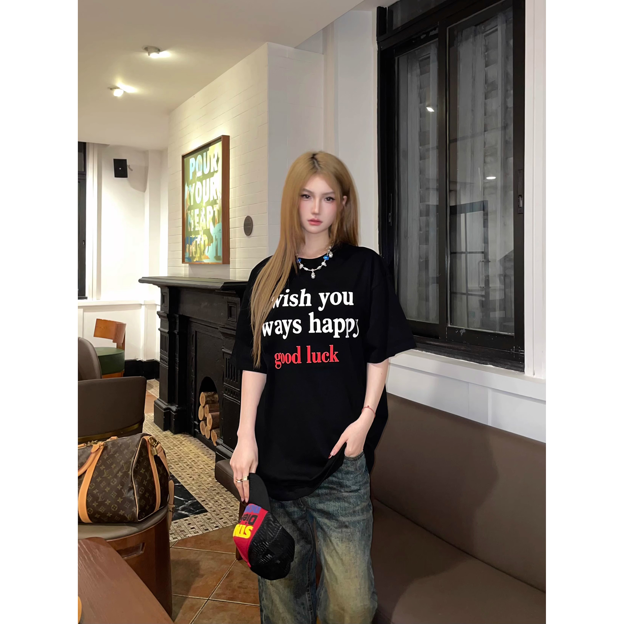 FYKSHOP黑色圆领短袖t恤女美式高街复古宽松重磅情侣半袖上衣夏季