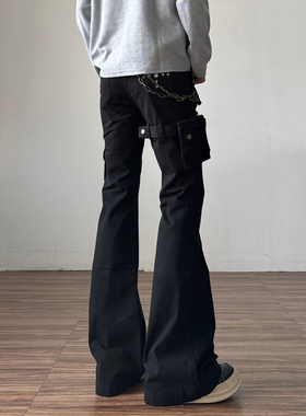 黑色vibe枪套绑带微喇牛仔工装裤男美式高街直筒修身喇叭裤子冬季