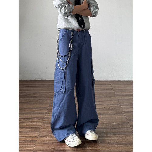 QTstudio法工蓝多口袋直筒工装裤男美式宽松长裤青少年cargo裤子