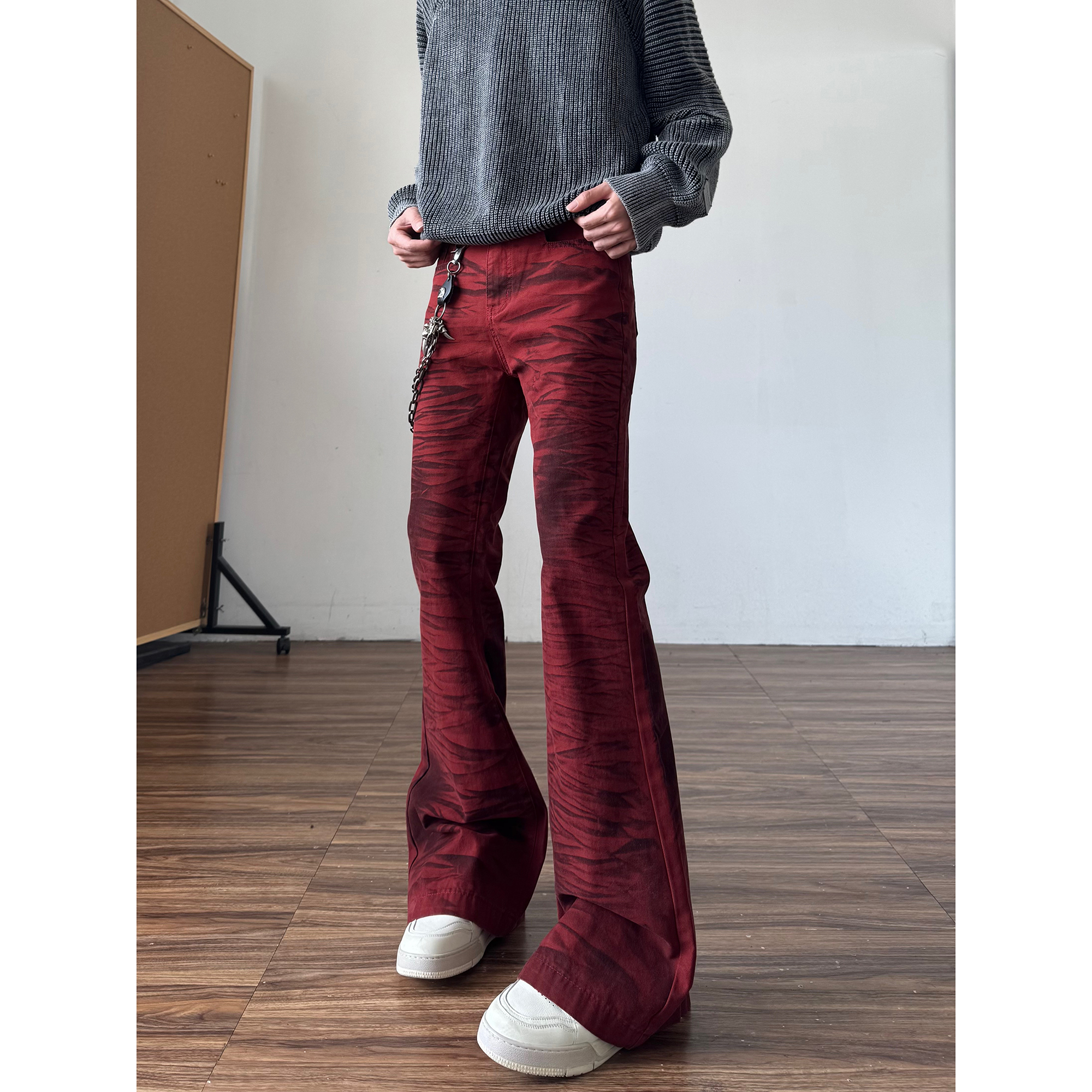 qtstudio红色复古微喇牛仔裤男cleanfit美式高街修身vibe喇叭裤子