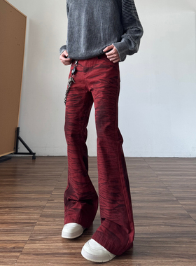 qtstudio红色微喇牛仔裤男cleanfit美式高街修身vibe喇叭裤子秋冬