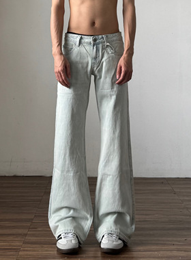 美式水洗浅蓝色低腰微喇牛仔裤男cleanfit高街修身直筒显瘦裤子秋