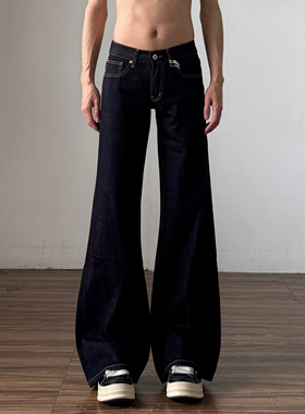美式复古原牛低腰微喇牛仔裤男高街直筒休闲蓝色喇叭修身裤子秋冬