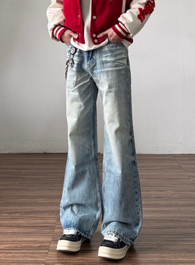 美式复古水洗做旧猫须直筒牛仔裤男高街宽松休闲cleanfit蓝色裤子