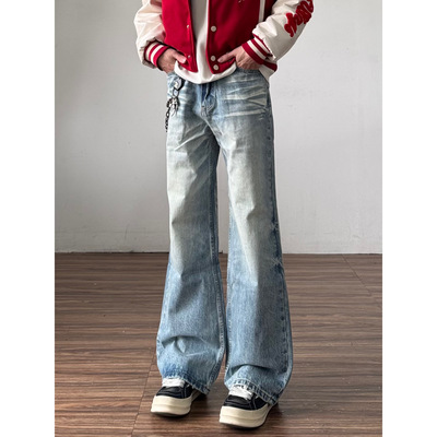 美式复古高街做旧直筒牛仔裤男