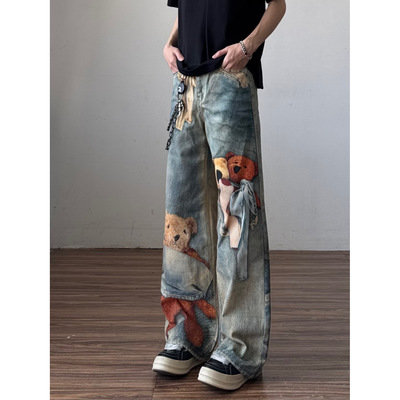 QTstudio美式高街小熊3D印花微喇牛仔裤男设计感小众直筒水洗裤子