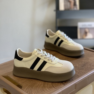 厚底学院风休闲显脚小板鞋 真皮复古时尚 新款 女2025秋季 拼接德训鞋