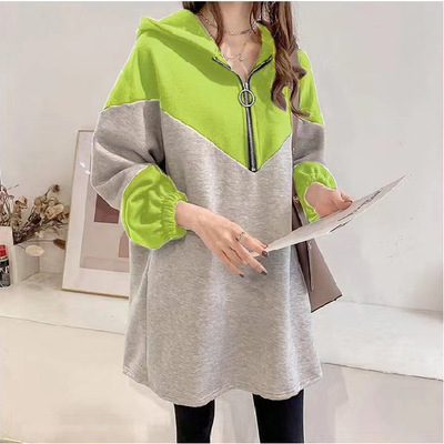 初秋新款大码女装宽松中长款拼接卫衣女连帽薄款外套胖mm妹妹上衣