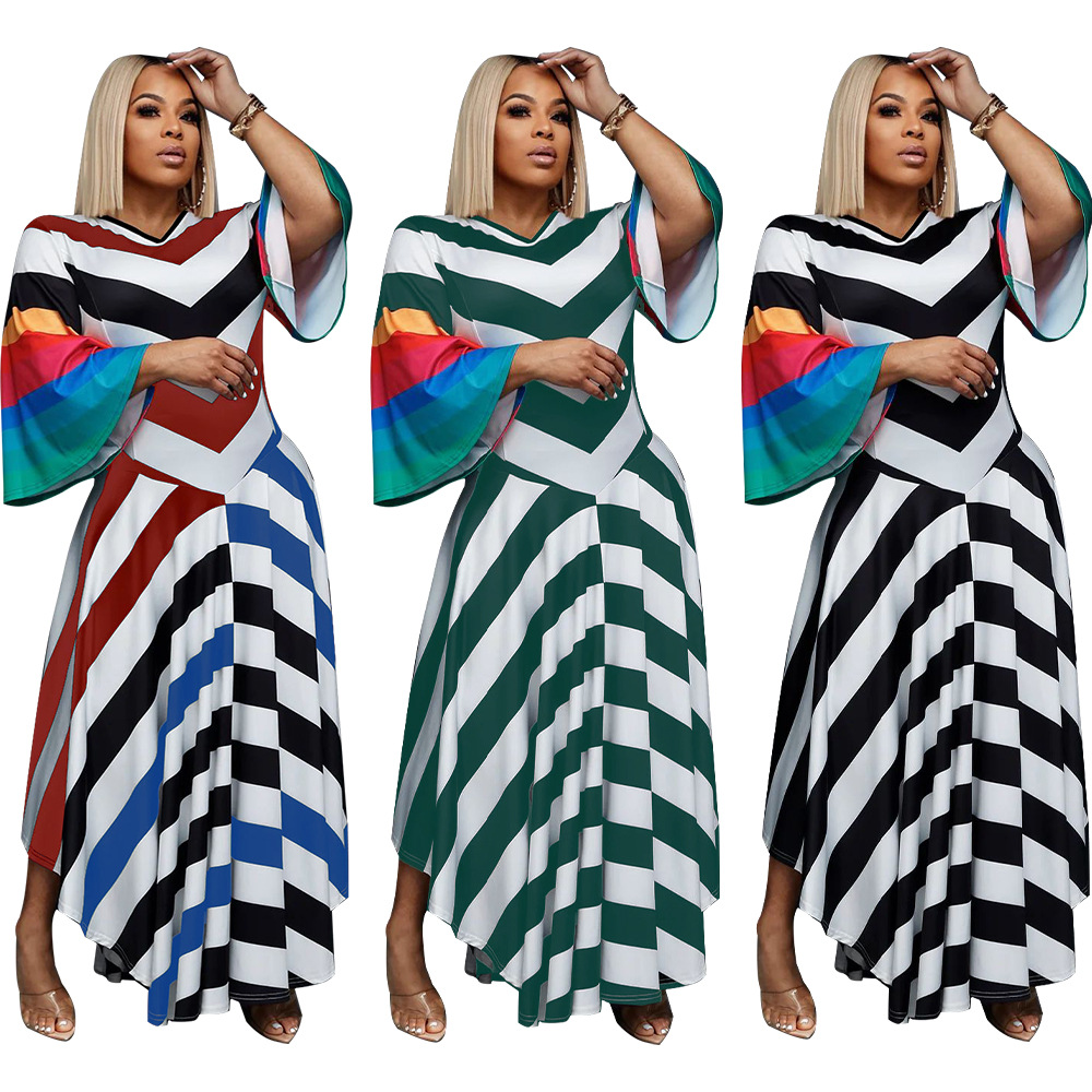 K10559 亚马逊欧美外贸时尚女装V领喇叭袖撞色长裙收腰连衣裙新