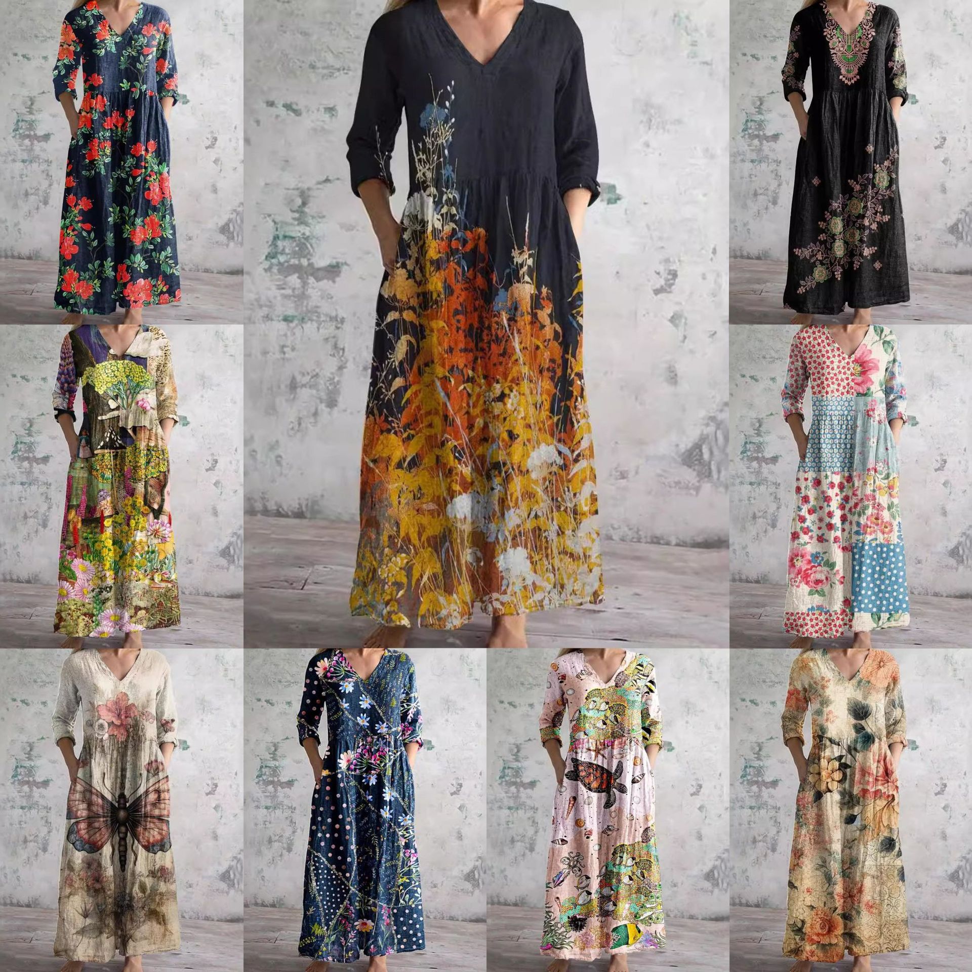 2024欧美跨境女装亚马逊速卖通时尚定位印花V领长袖口袋连衣裙