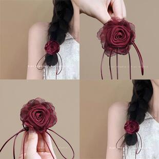 酒红色花朵发圈！纯欲玫瑰发绳！复古高级感头绳发卡头饰女款发饰