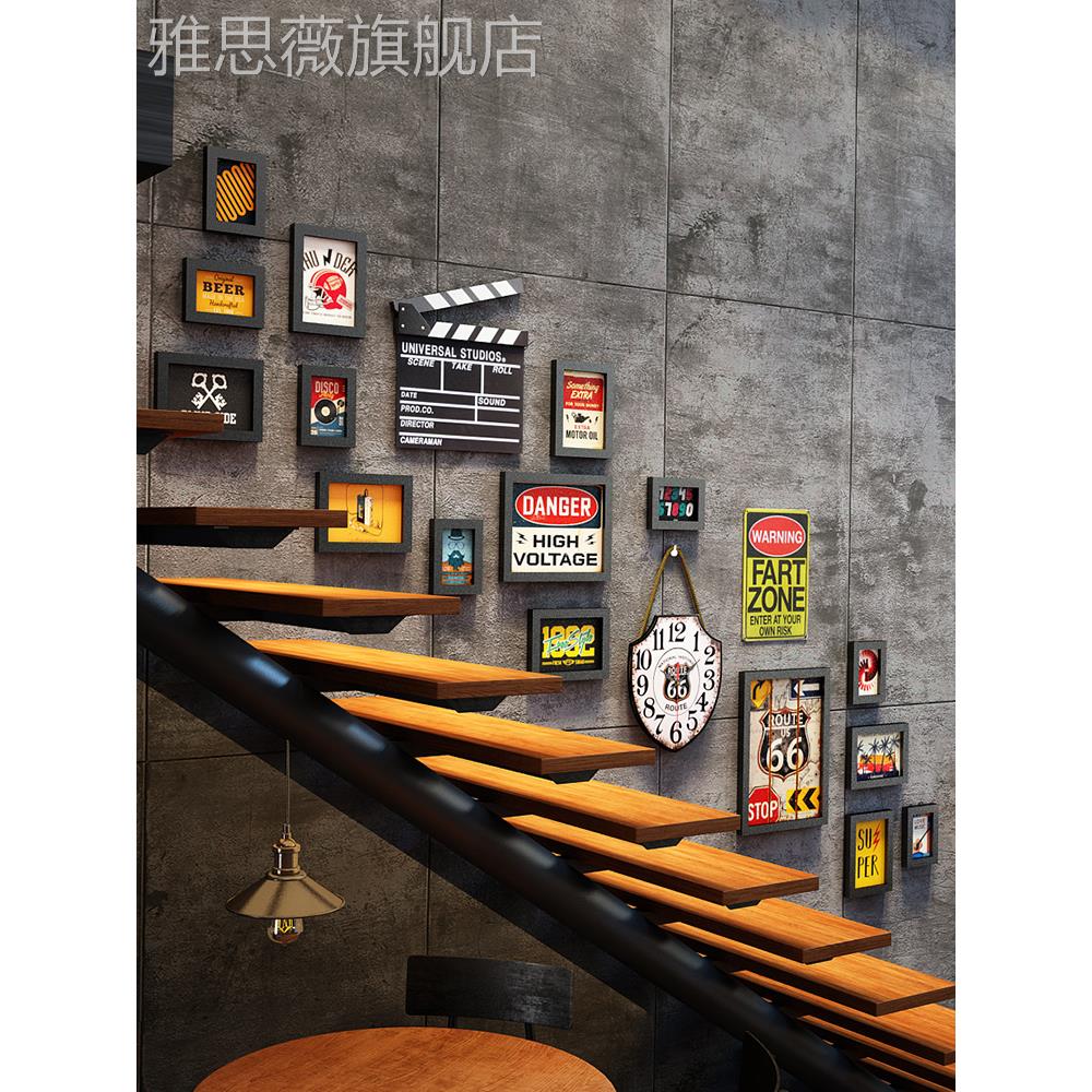 网红楼梯火工餐风咖啡厅业挂画复古吧墙面装饰画酒创意烧烤锅饭店图片